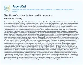 Essay on The Birth of Andrew Jackson and its Impact on American History