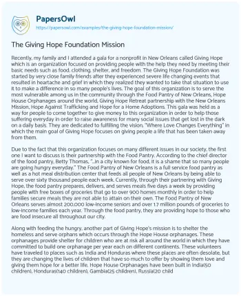 Essay on The Giving Hope Foundation Mission