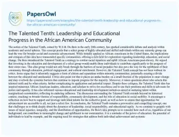 Essay on The Talented Tenth: Leadership and Educational Progress in the African American Community