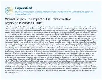 Essay on Michael Jackson: the Impact of his Transformative Legacy on Music and Culture