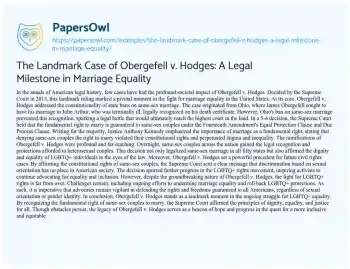 Essay on The Landmark Case of Obergefell V. Hodges: a Legal Milestone in Marriage Equality