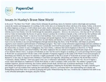 Essay on Issues in Huxley’s Brave New World