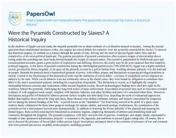 Essay on Were the Pyramids Constructed by Slaves? a Historical Inquiry