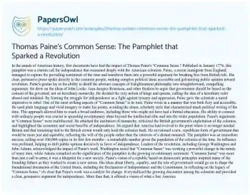 Essay on Thomas Paine’s Common Sense: the Pamphlet that Sparked a Revolution