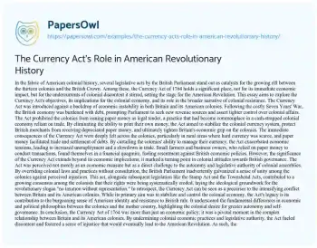 Essay on The Currency Act’s Role in American Revolutionary History