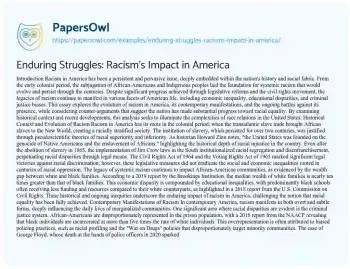 Essay on Enduring Struggles: Racism’s Impact in America