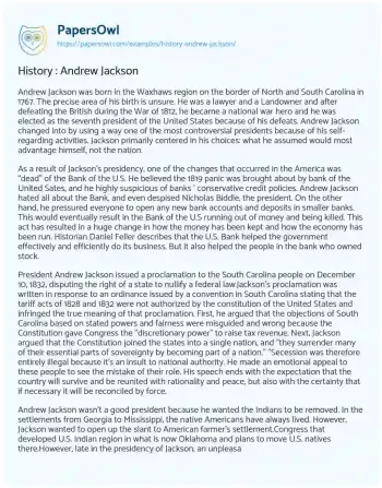 Essay on History : Andrew Jackson