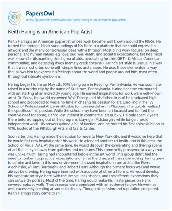 Essay on Keith Haring is an American Pop Artist