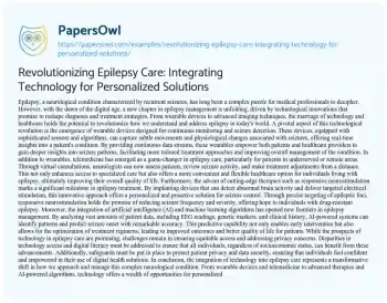 Essay on Revolutionizing Epilepsy Care: Integrating Technology for Personalized Solutions