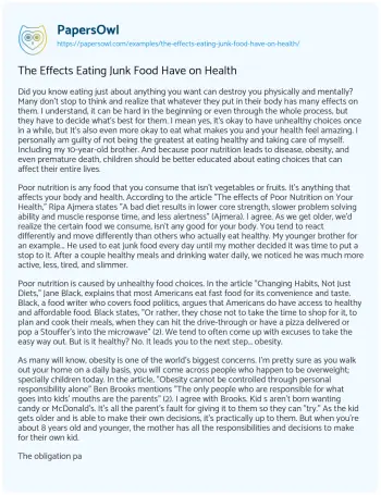 Essay on The Effects Eating Junk Food have on Health