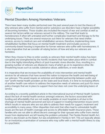 Essay on Mental Disorders Among Homeless Veterans