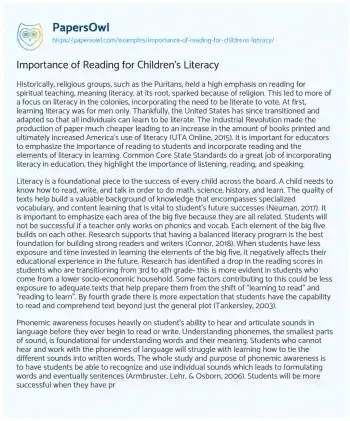 Essay on Importance of Reading for Children’s Literacy