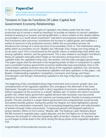 Essay on Tensions in Ssas as Functions of Labor-Capital and Government-Economy Relationships