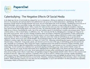 Essay on Cyberbullying : the Negative Effects of Social Media