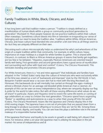 Essay on Family Traditions in White, Black, Chicano, and Asian Cultures