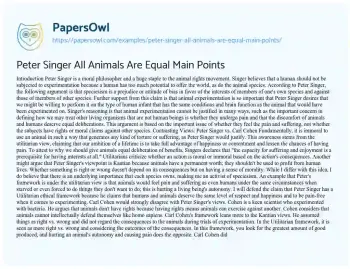 Essay on Peter Singer all Animals are Equal Main Points