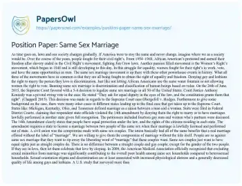 Essay on Position Paper: same Sex Marriage