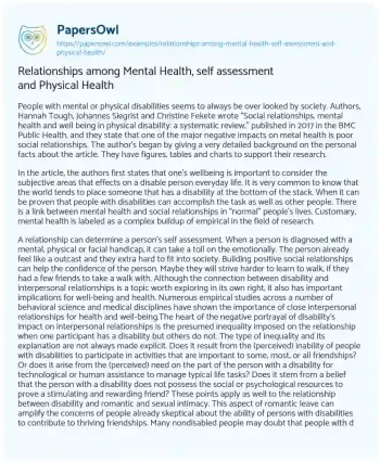 Essay on Relationships Among Mental Health, Self Assessment and Physical Health