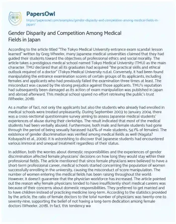 Essay on Gender Disparity and Competition Among Medical Fields in Japan