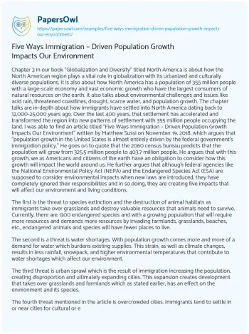 Essay on Five Ways Immigration – Driven Population Growth Impacts our Environment