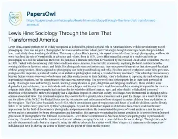 Essay on Lewis Hine: Sociology through the Lens that Transformed America