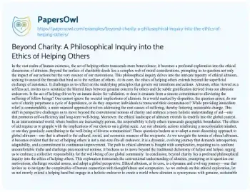 Essay on Beyond Charity: a Philosophical Inquiry into the Ethics of Helping Others