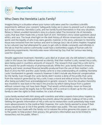 Essay on Who Owes the Henrietta Lacks Family?