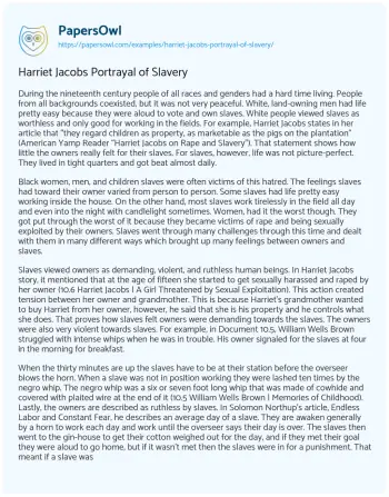 Essay on Harriet Jacobs Portrayal of Slavery