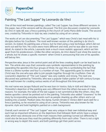 Essay on Painting “The Last Supper” by Leonardo Da Vinci