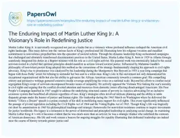 Essay on The Enduring Impact of Martin Luther King Jr.: a Visionary’s Role in Redefining Justice