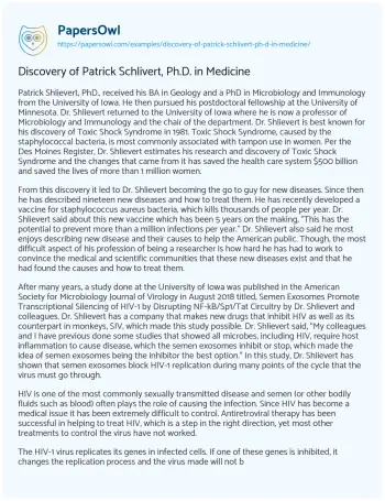 Essay on Discovery of Patrick Schlivert, Ph.D. in Medicine