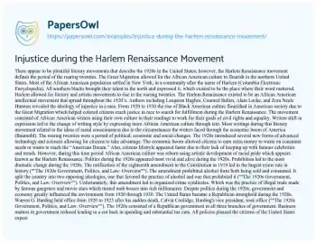 Essay on Injustice during the Harlem Renaissance Movement