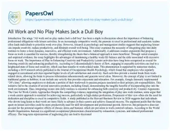 Essay on All Work and no Play Makes Jack a Dull Boy