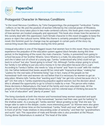 Essay on Protagonist Character in Nervous Conditions