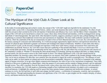 Essay on The Mystique of the 1230 Club: a Closer Look at its Cultural Significance