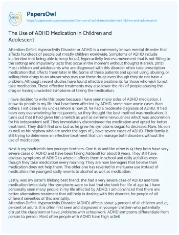 Essay on The Use of ADHD Medication in Children and Adolescent