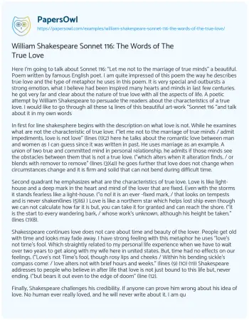 Essay on William Shakespeare Sonnet 116: the Words of the True Love