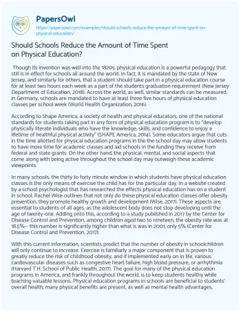 Essay on Should Schools Reduce the Amount of Time Spent on Physical Education?