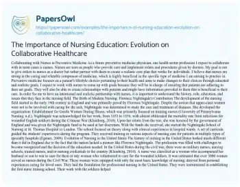 Essay on The Importance of Nursing Education: Evolution on Collaborative Healthcare