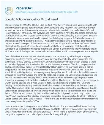 Essay on Specific Fictional Model for Virtual Realit