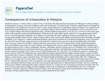 Essay on Consequences of Urbanization in Malaysia