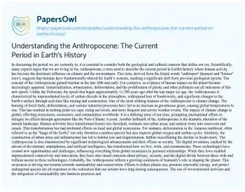 Essay on Understanding the Anthropocene: the Current Period in Earth’s History