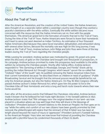 Essay on About the Trail of Tears