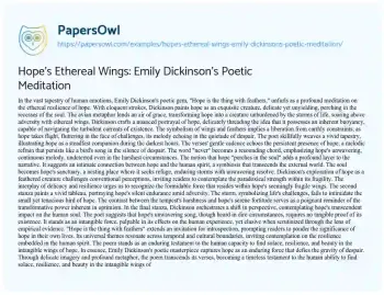 Essay on Hope’s Ethereal Wings: Emily Dickinson’s Poetic Meditation