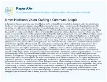 Essay on James Madison’s Vision: Crafting a Communal Utopia