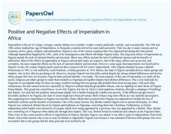 Essay on The Impacts of Imperialism on Nigeria: a Historical Perspective