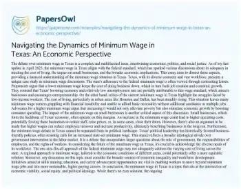 Essay on Navigating the Dynamics of Minimum Wage in Texas: an Economic Perspective