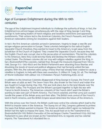 Essay on Age of European Enlightment during the 18th to 19th Centuries