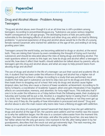 Essay on Drug and Alcohol Abuse – Problem Among Teenagers