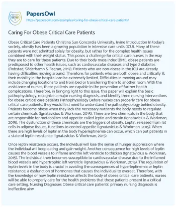 Essay on Caring for Obese Critical Care Patients